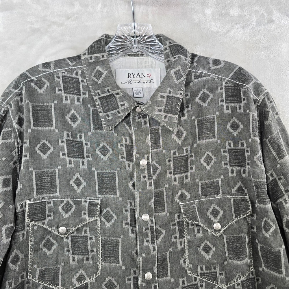 Ryan Michael Western Shirt Mens Large Gray Silk Blend Geometric Pearl Snap LS